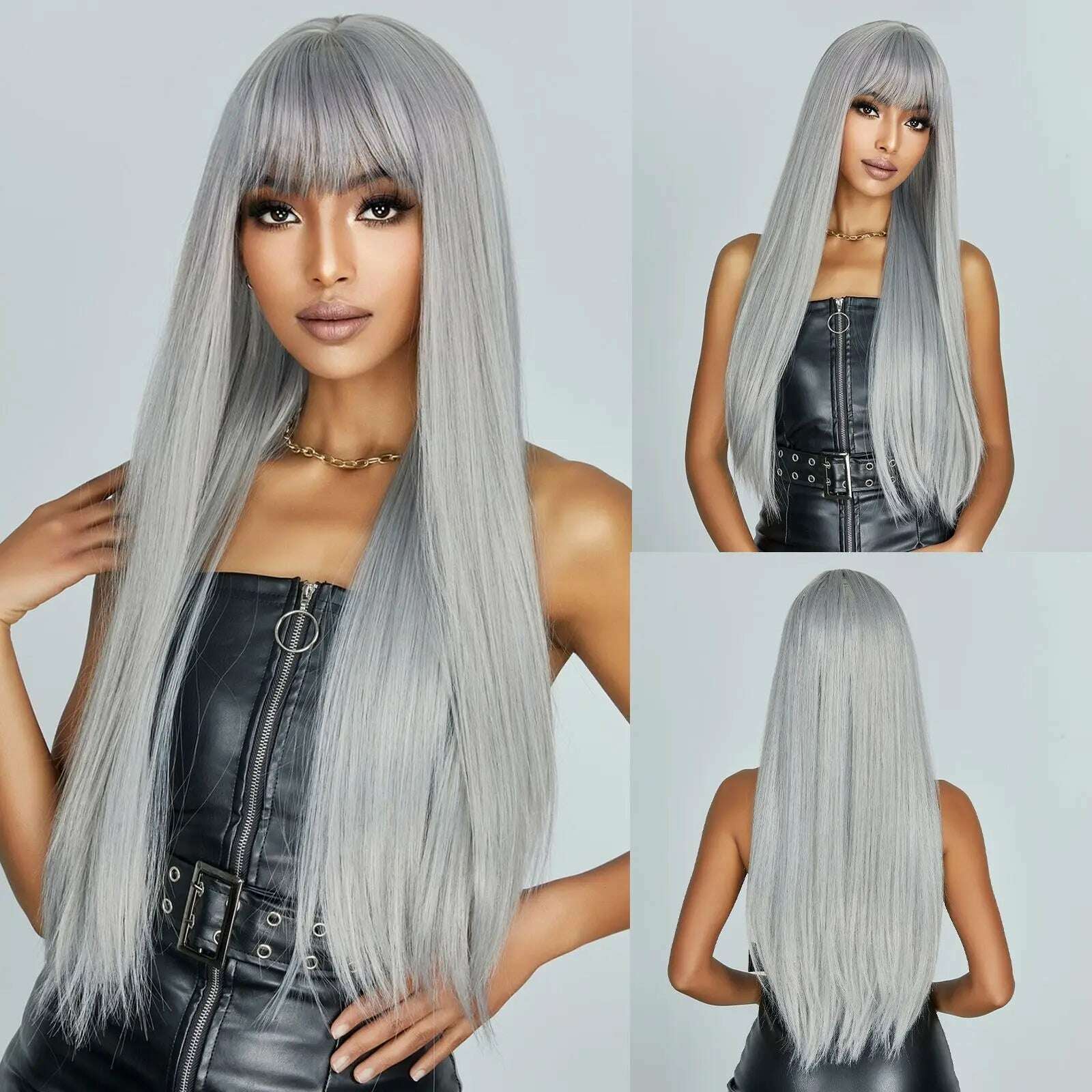Long Straight Pink Mixed White Synthetic Wigs with Bangs Halloween Cosplay Colorful Wigs for Women Natural Hair Heat Resistant