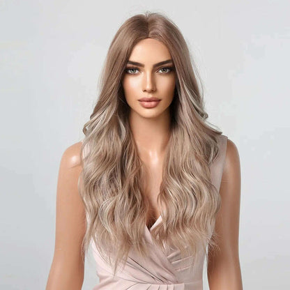 Long Wavy Wigs White Blonde Brown Roots Synthetic Natural Wave Hair Cosplay Wigs for Women High Temperature Fiber Middle Part