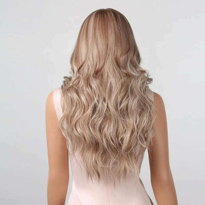 Long Wavy Wigs White Blonde Brown Roots Synthetic Natural Wave Hair Cosplay Wigs for Women High Temperature Fiber Middle Part