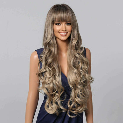 Loose Body Wave Synthetic Wigs Long Brown Blonde Ombre Wig with Bangs Wave Curl Wigs for Black Women Heat Resistant Daily Party