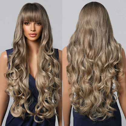 Loose Body Wave Synthetic Wigs Long Brown Blonde Ombre Wig with Bangs Wave Curl Wigs for Black Women Heat Resistant Daily Party