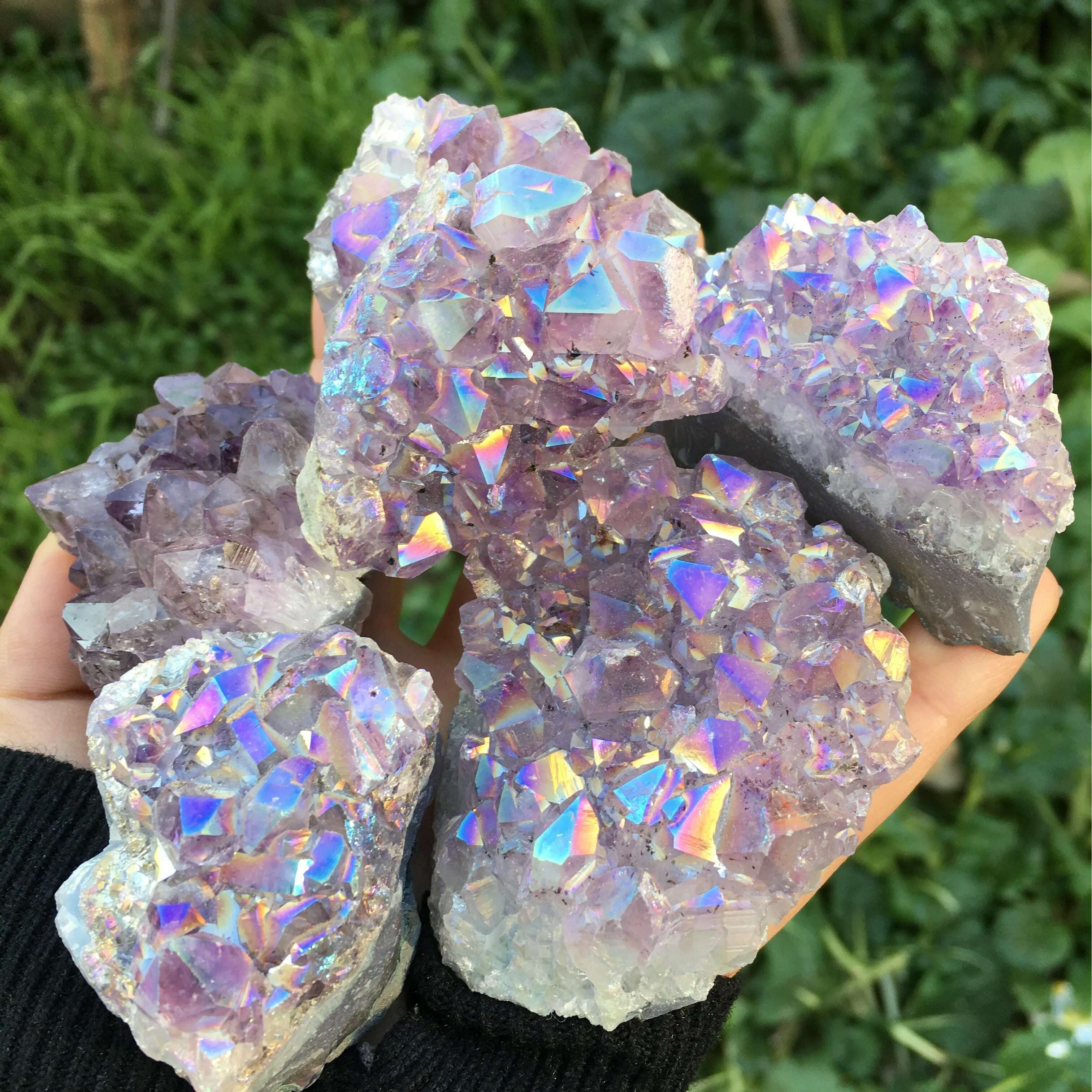 lovely rainbow angel aura crazy amethyst clusters natural quartz crystal rough lealing stone for children gifts