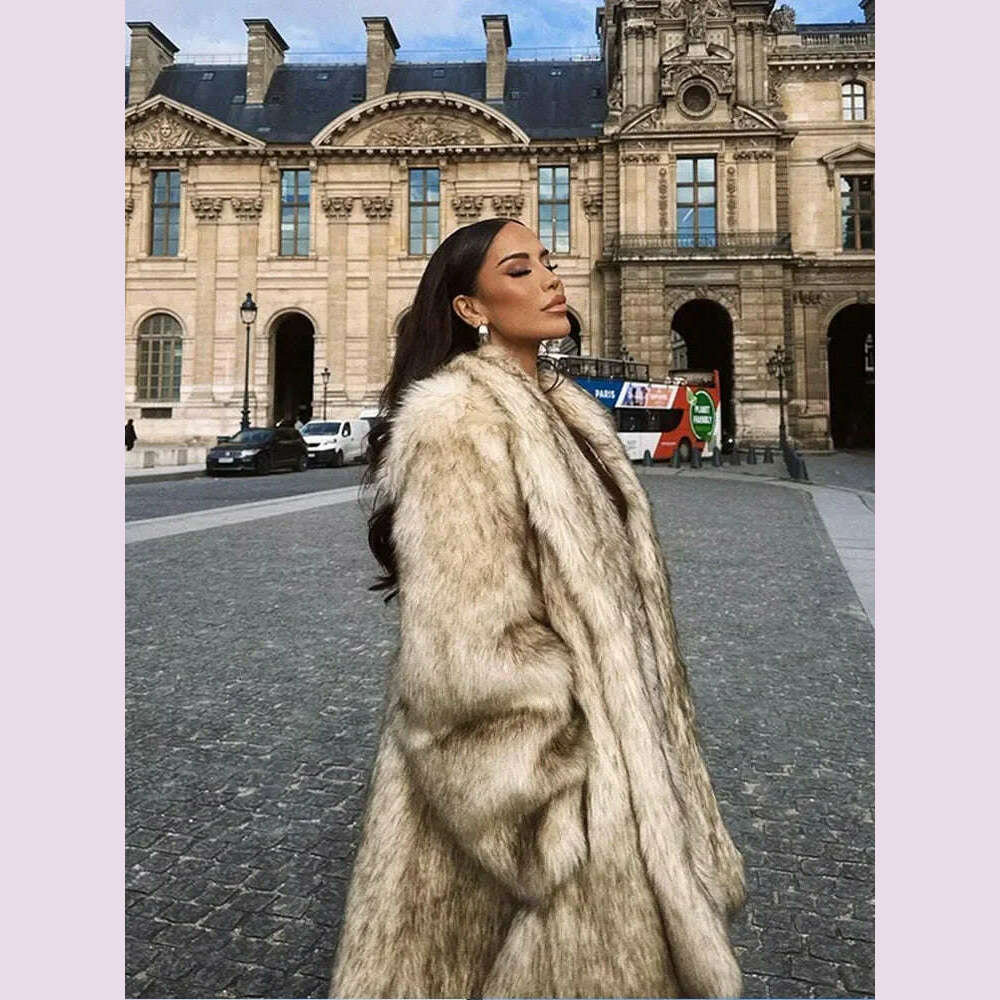 Luxurious Fashion Lapel Faux Fur Midi Coat Women Street Long Sleeve Oversize Cardigan Jacket Winter Thick Warm Female Outerwear