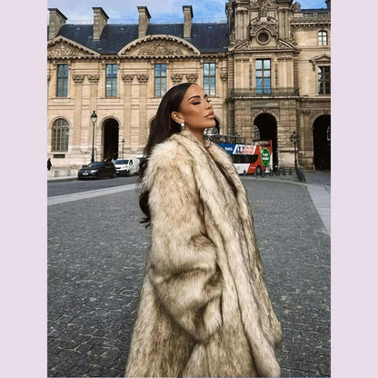 Luxurious Fashion Lapel Faux Fur Midi Coat Women Street Long Sleeve Oversize Cardigan Jacket Winter Thick Warm Female Outerwear