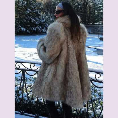 Luxurious Fashion Lapel Faux Fur Midi Coat Women Street Long Sleeve Oversize Cardigan Jacket Winter Thick Warm Female Outerwear