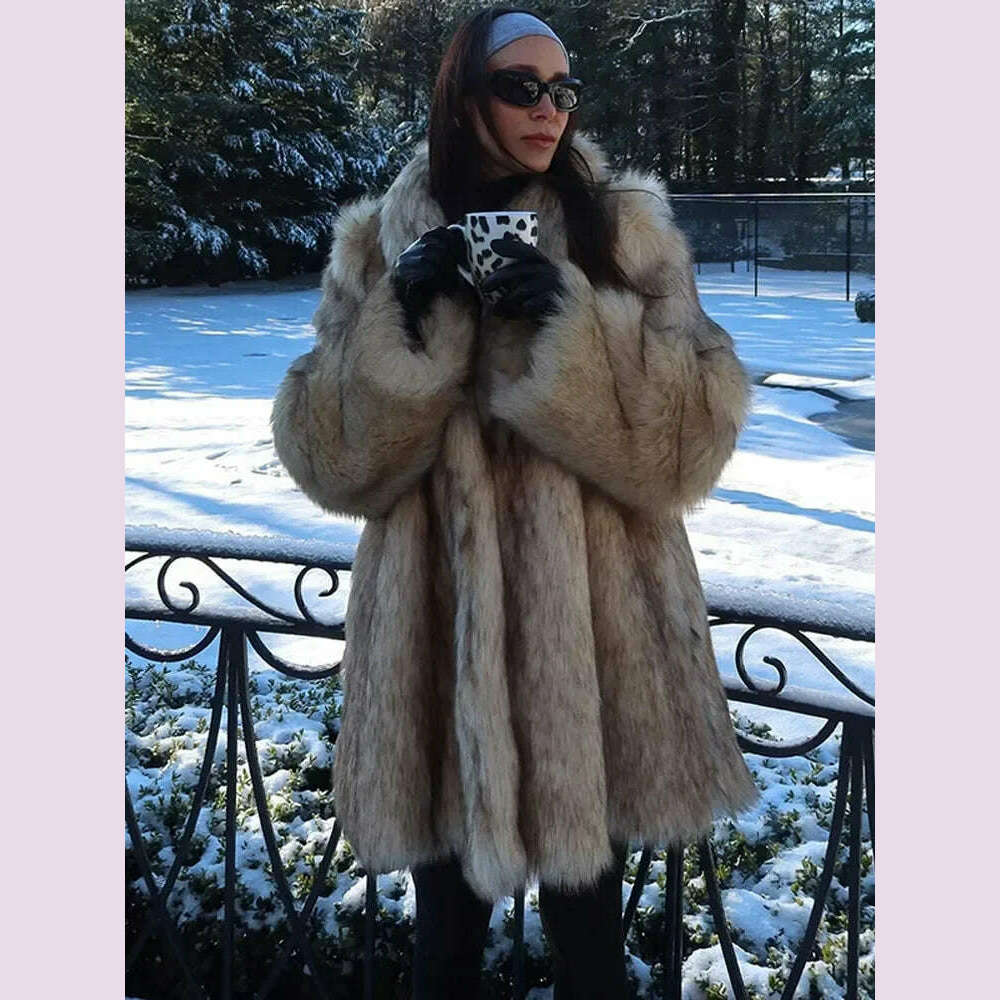 Luxurious Fashion Lapel Faux Fur Midi Coat Women Street Long Sleeve Oversize Cardigan Jacket Winter Thick Warm Female Outerwear