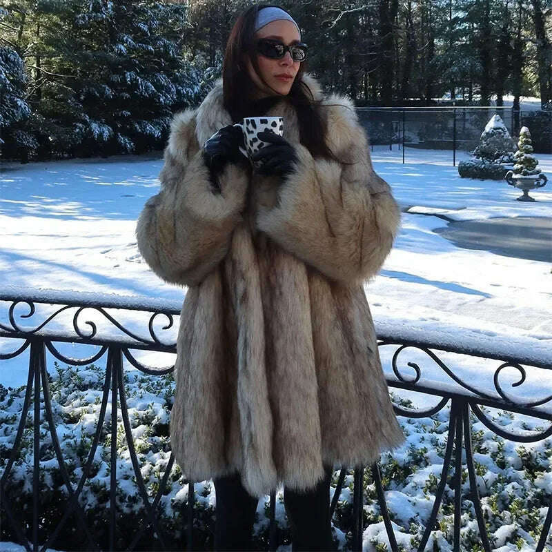 Luxurious Fashion Lapel Faux Fur Midi Coat Women Street Long Sleeve Oversize Cardigan Jacket Winter Thick Warm Female Outerwear