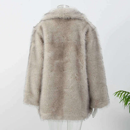 Luxurious Fashion Lapel Faux Fur Midi Coat Women Street Long Sleeve Oversize Cardigan Jacket Winter Thick Warm Female Outerwear