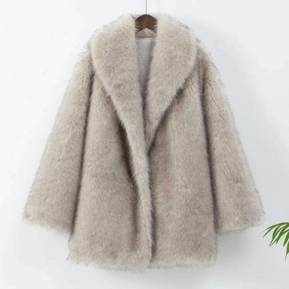 Luxurious Fashion Lapel Faux Fur Midi Coat Women Street Long Sleeve Oversize Cardigan Jacket Winter Thick Warm Female Outerwear