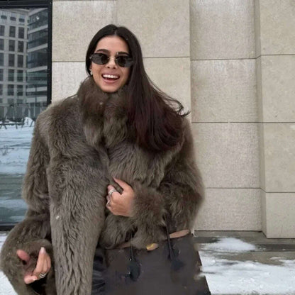 Luxurious Fashion Lapel Faux Fur Midi Coat Women Street Long Sleeve Oversize Cardigan Jacket Winter Thick Warm Female Outerwear