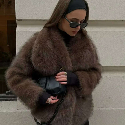 Luxurious Fashion Lapel Faux Fur Midi Coat Women Street Long Sleeve Oversize Cardigan Jacket Winter Thick Warm Female Outerwear