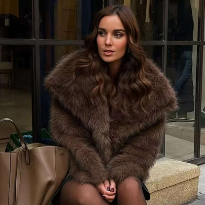 Luxurious Fashion Lapel Faux Fur Midi Coat Women Street Long Sleeve Oversize Cardigan Jacket Winter Thick Warm Female Outerwear