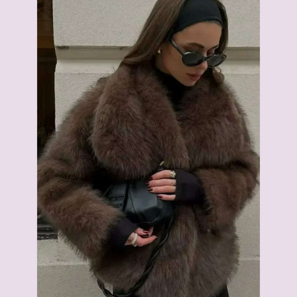 Luxurious Fashion Lapel Faux Fur Midi Coat Women Street Long Sleeve Oversize Cardigan Jacket Winter Thick Warm Female Outerwear