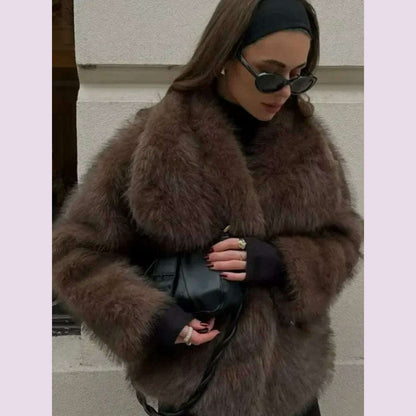 Luxurious Fashion Lapel Faux Fur Midi Coat Women Street Long Sleeve Oversize Cardigan Jacket Winter Thick Warm Female Outerwear