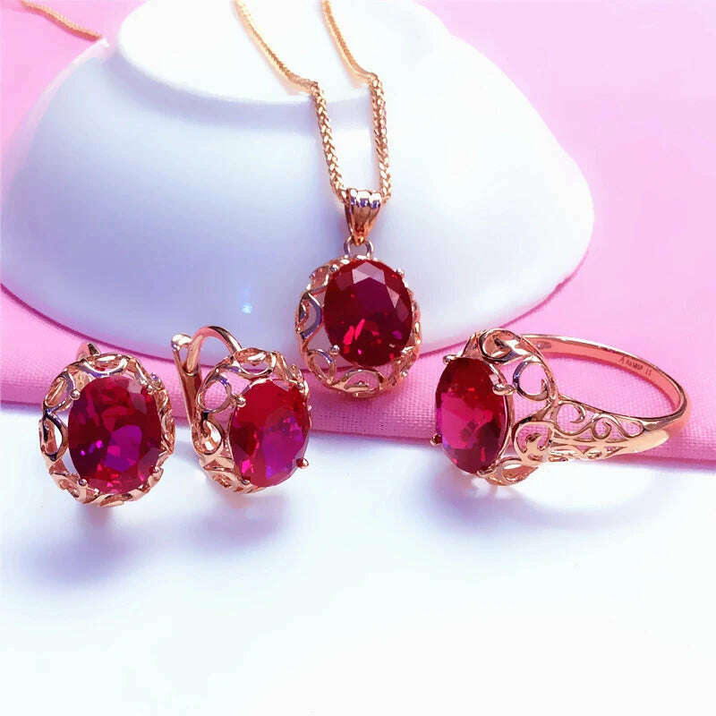 Luxury 585 purple gold inlaid ruby jewelry set hollow design 14K rose gold wedding necklaces rings earrings for girlfriend