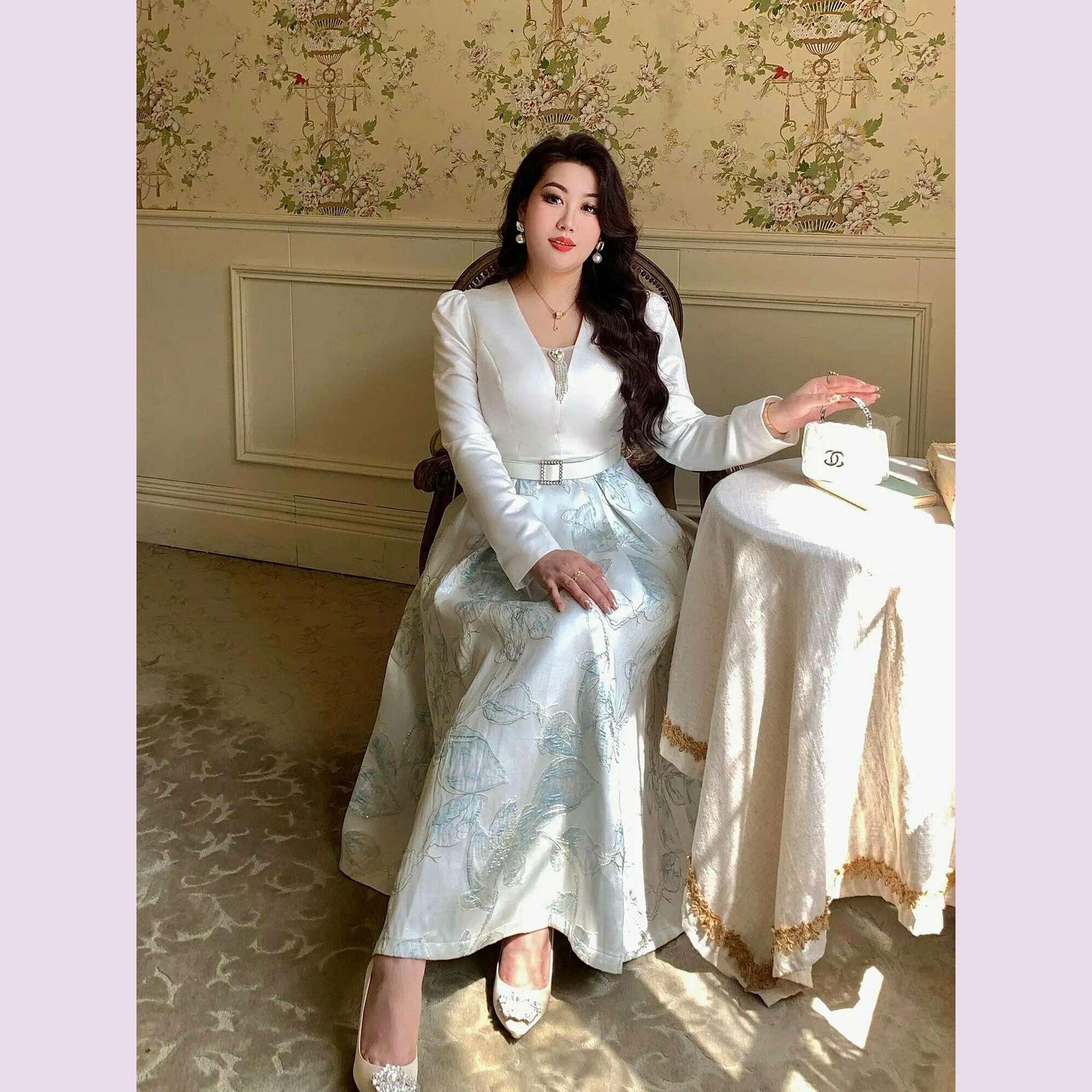 Luxury Big Size Jacquard Dress With Belt Occasion V-Neck Brocade Dress Women Long Sleeve Party Evening Clothing Ball Gown