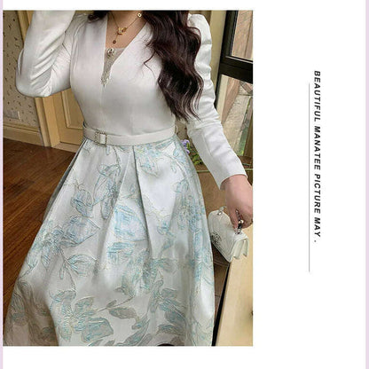 Luxury Big Size Jacquard Dress With Belt Occasion V-Neck Brocade Dress Women Long Sleeve Party Evening Clothing Ball Gown