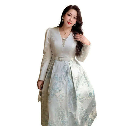 Luxury Big Size Jacquard Dress With Belt Occasion V-Neck Brocade Dress Women Long Sleeve Party Evening Clothing Ball Gown