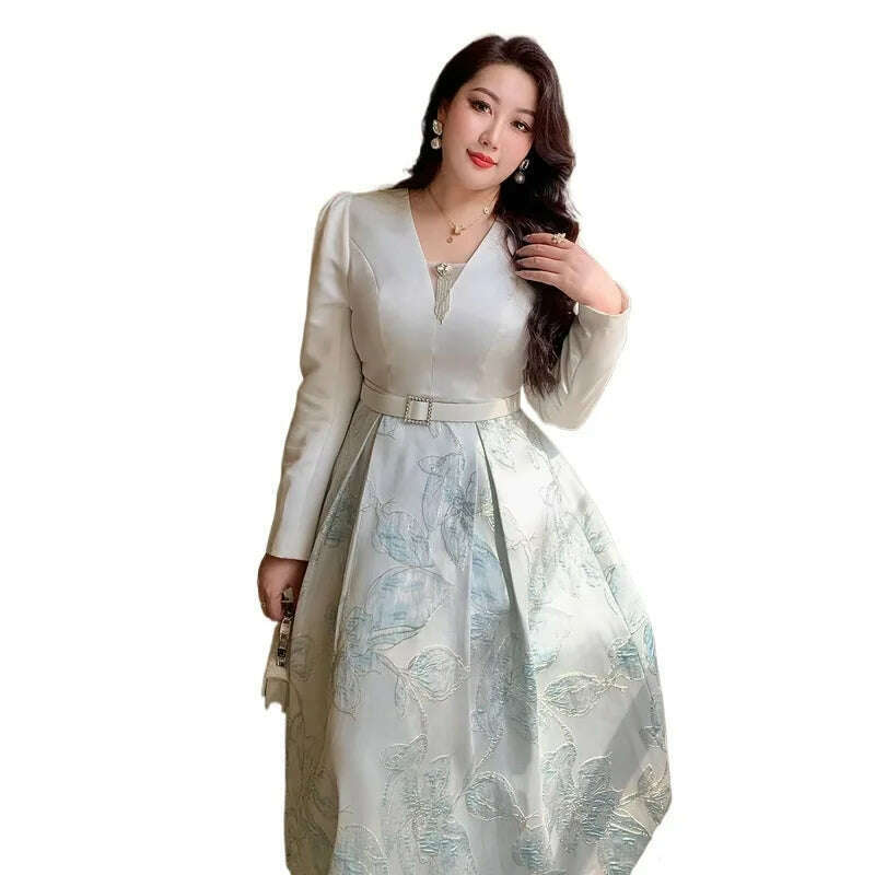 Luxury Big Size Jacquard Dress With Belt Occasion V-Neck Brocade Dress Women Long Sleeve Party Evening Clothing Ball Gown