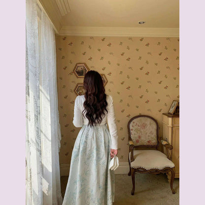 Luxury Big Size Jacquard Dress With Belt Occasion V-Neck Brocade Dress Women Long Sleeve Party Evening Clothing Ball Gown
