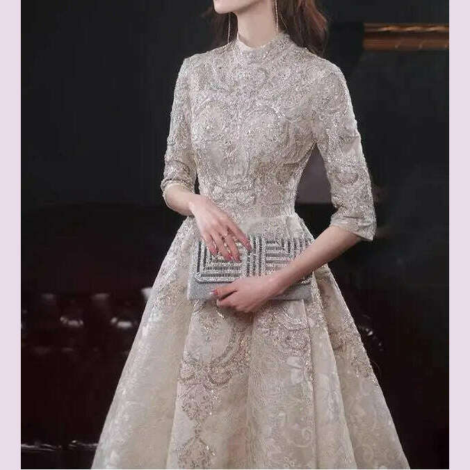 Luxury Champagne Prom Dresses Half Sleeves Lace Beaded Elegant Formal High Neck A-Line Long Wedding Celebrity Evening Gowns New