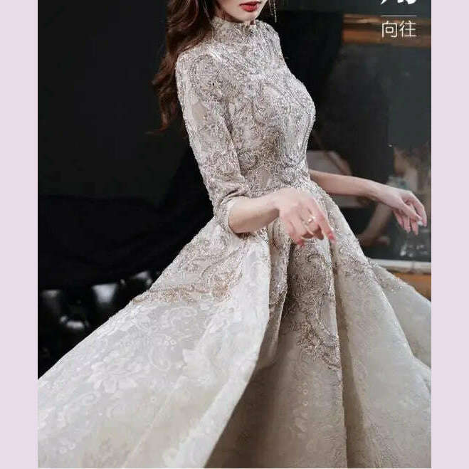 Luxury Champagne Prom Dresses Half Sleeves Lace Beaded Elegant Formal High Neck A-Line Long Wedding Celebrity Evening Gowns New