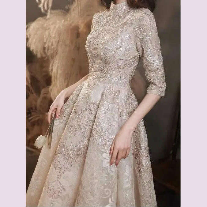 Luxury Champagne Prom Dresses Half Sleeves Lace Beaded Elegant Formal High Neck A-Line Long Wedding Celebrity Evening Gowns New