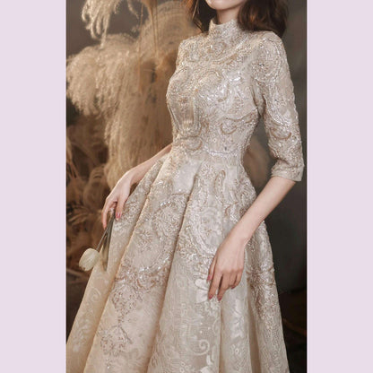 Luxury Champagne Prom Dresses Half Sleeves Lace Beaded Elegant Formal High Neck A-Line Long Wedding Celebrity Evening Gowns New