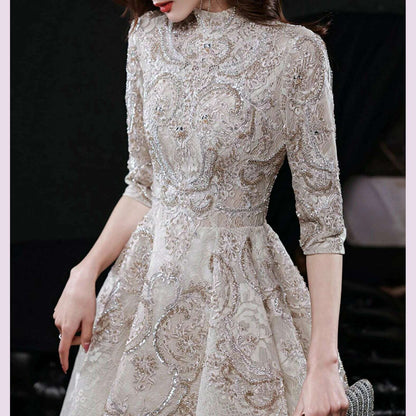 Luxury Champagne Prom Dresses Half Sleeves Lace Beaded Elegant Formal High Neck A-Line Long Wedding Celebrity Evening Gowns New