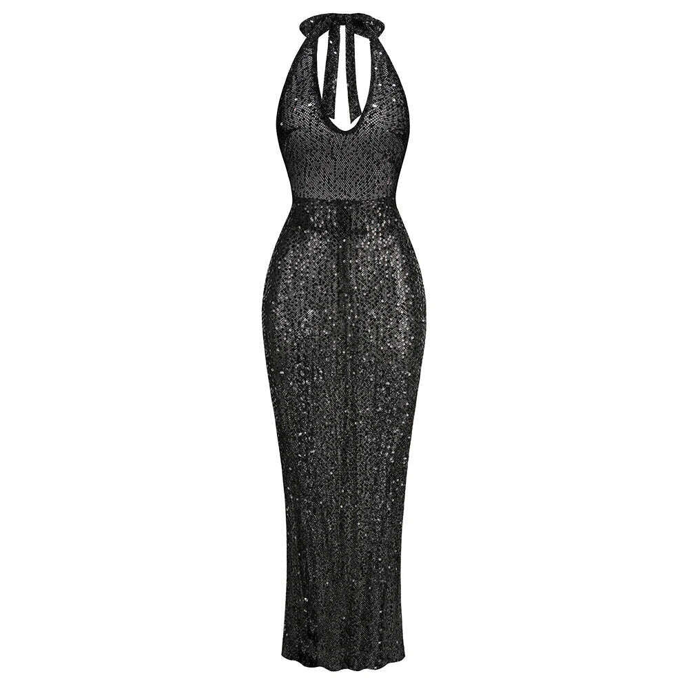 Luxury Designer Women Sexy Halter Backless See Through Mesh Sequines Glitter Ankle Length Evening Club Party Dress Gala Gowns