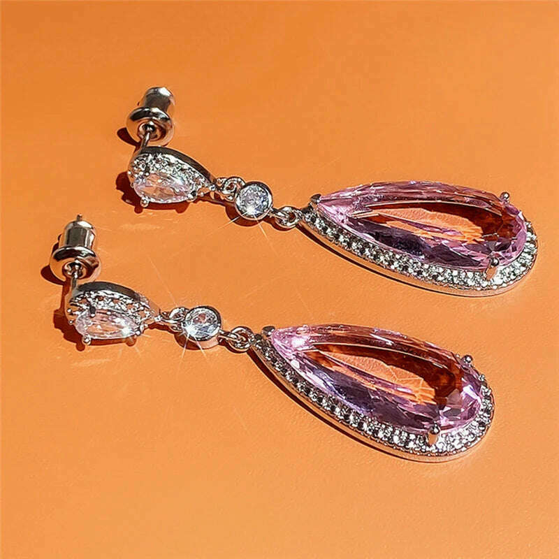 Luxury Fashion Drop Cut Pink Cubic Zirconia CZ Stone Drop Dangle Earrings For Women Banquet Party Jewelry Gift