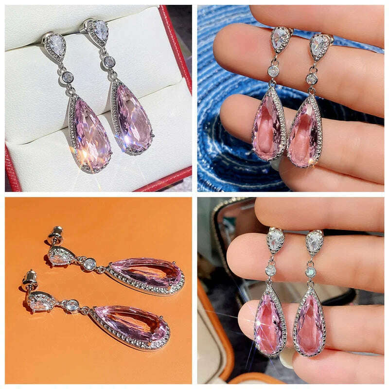 Luxury Fashion Drop Cut Pink Cubic Zirconia CZ Stone Drop Dangle Earrings For Women Banquet Party Jewelry Gift