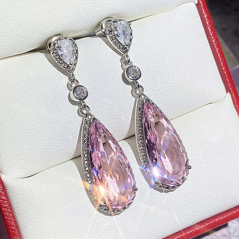 Luxury Fashion Drop Cut Pink Cubic Zirconia CZ Stone Drop Dangle Earrings For Women Banquet Party Jewelry Gift