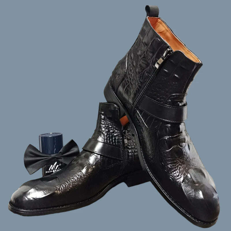 Luxury Men Ankle Boots Shoes Black Burgundy Crocodile Printed Zip Chelsea Buckle Strap Leather Shoes Dress Boots For Men