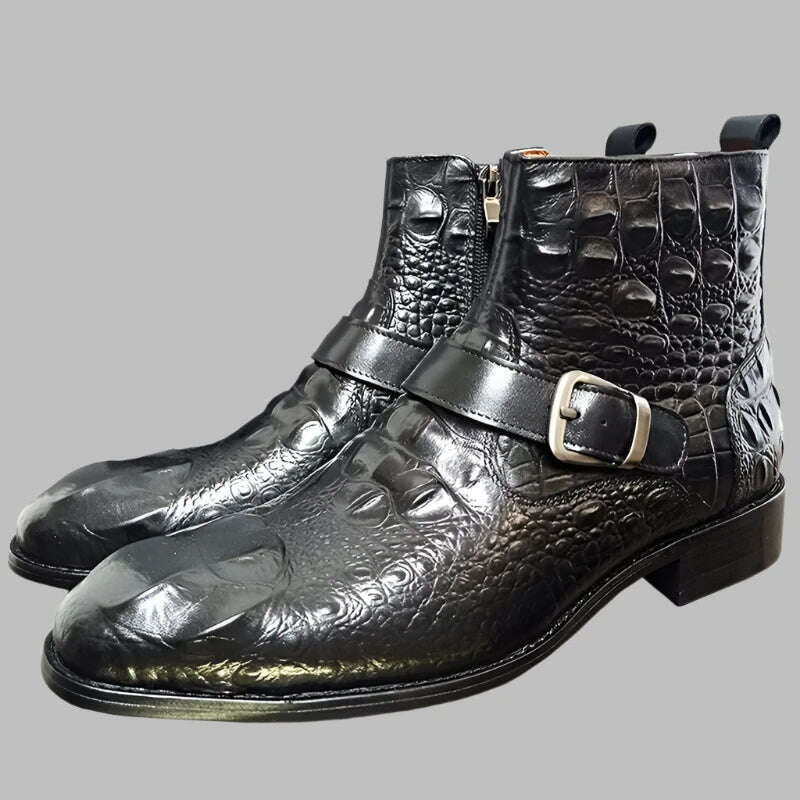 Luxury Men Ankle Boots Shoes Black Burgundy Crocodile Printed Zip Chelsea Buckle Strap Leather Shoes Dress Boots For Men