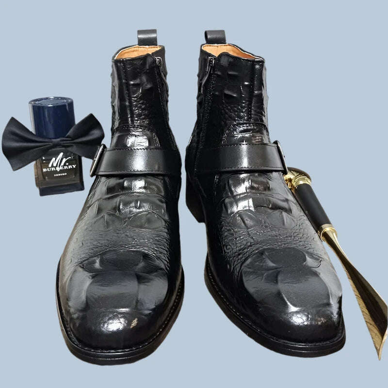 Luxury Men Ankle Boots Shoes Black Burgundy Crocodile Printed Zip Chelsea Buckle Strap Leather Shoes Dress Boots For Men