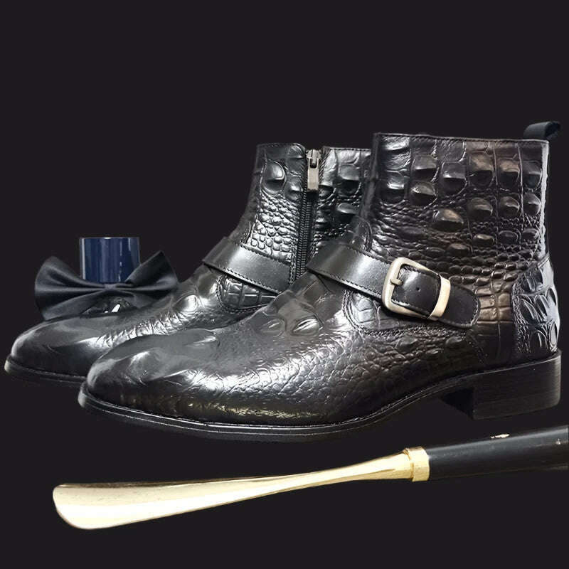 Luxury Men Ankle Boots Shoes Black Burgundy Crocodile Printed Zip Chelsea Buckle Strap Leather Shoes Dress Boots For Men
