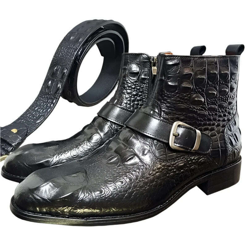 Luxury Men Ankle Boots Shoes Black Burgundy Crocodile Printed Zip Chelsea Buckle Strap Leather Shoes Dress Boots For Men