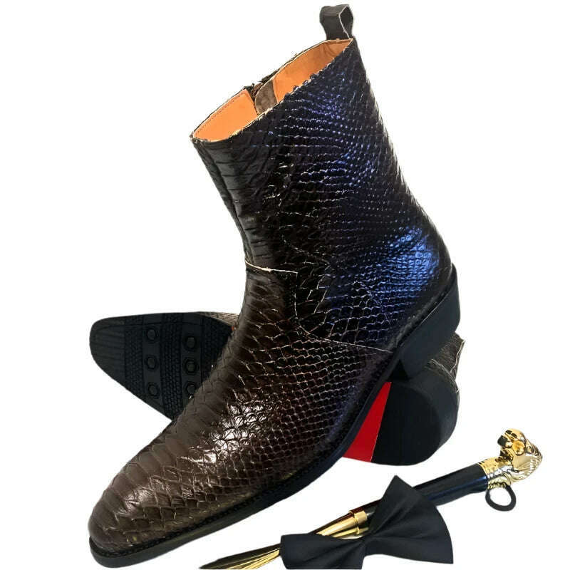 Luxury Men Mid-Calf Boots High Grade Python Print Shoes Casual Mens Dress Boots Winter Leather Chelsea Boots Shoes Men