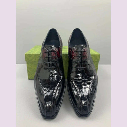 Luxury Mens Crocodile Genuine Leather Dress Shoes Italian Designer Lace Up Med Heel Mixed Colors Business Man Work Formal Shoes