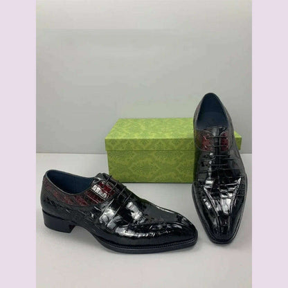 Luxury Mens Crocodile Genuine Leather Dress Shoes Italian Designer Lace Up Med Heel Mixed Colors Business Man Work Formal Shoes