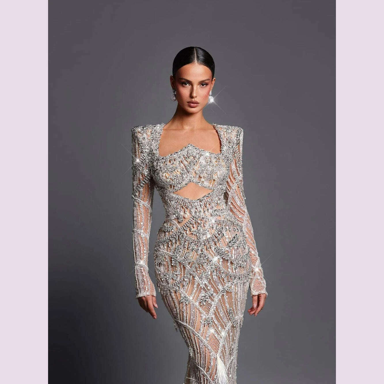 Luxury Sliver Mermaid Evening Gown Illusion Cut Out Prom Dresses Celebrity Beading Sequins Feathers Customized Robe De Soriee