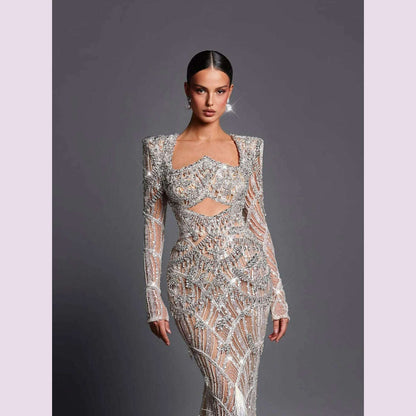 Luxury Sliver Mermaid Evening Gown Illusion Cut Out Prom Dresses Celebrity Beading Sequins Feathers Customized Robe De Soriee
