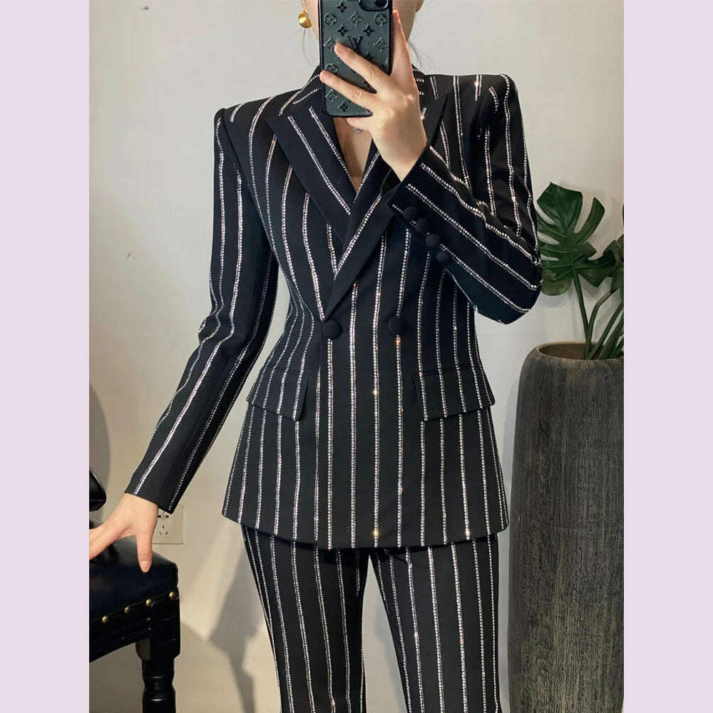 Luxury Striped 2 piece set for women Rhinestone double breasted blazer And Flare pants 2024 Autumn winter Office lady suit 4O083