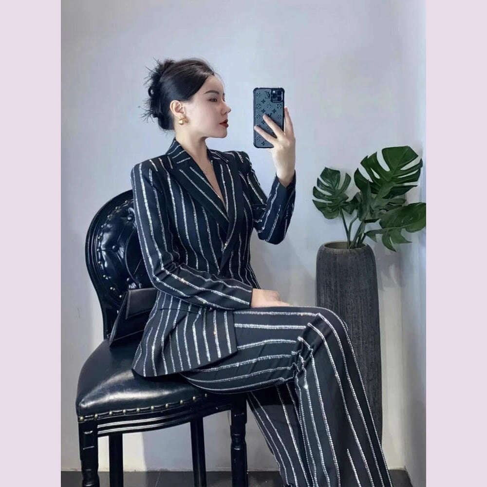 Luxury Striped 2 piece set for women Rhinestone double breasted blazer And Flare pants 2024 Autumn winter Office lady suit 4O083