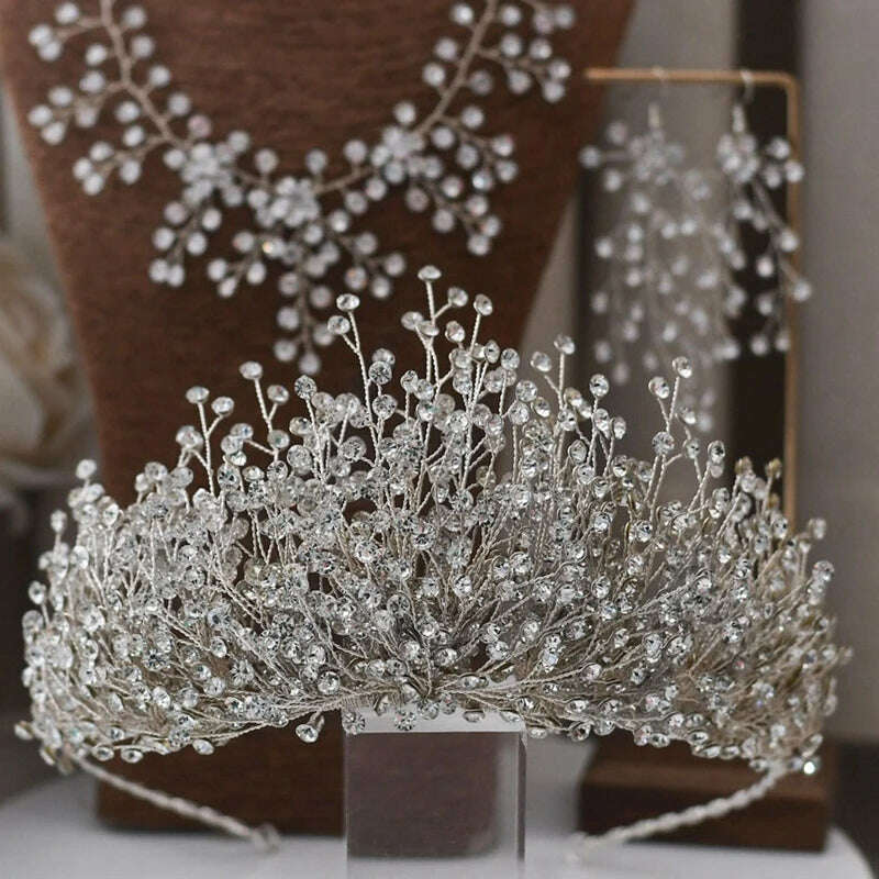 Luxury Wedding Jewelry Set Bridal Headwear Crown Necklace And Earrings AB Color Crystal Rhinestone Jewelry Sets Handmade Unique