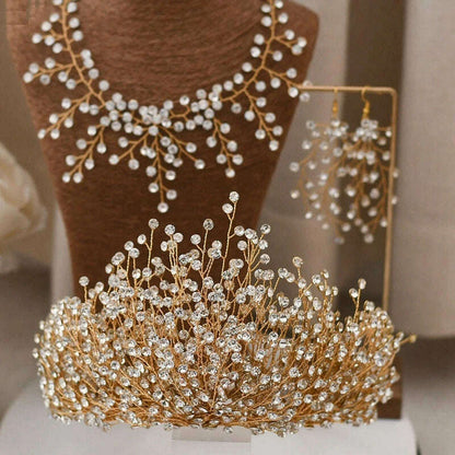 Luxury Wedding Jewelry Set Bridal Headwear Crown Necklace And Earrings AB Color Crystal Rhinestone Jewelry Sets Handmade Unique