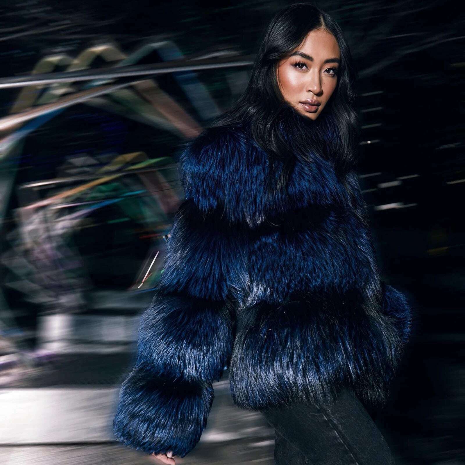 Luxury Women Real Raccoon Dog Fur Jacket Stand Collar Royal Blue Genuine Raccoon Dog Fur Coat Full Pelt Fur Overcoat Woman