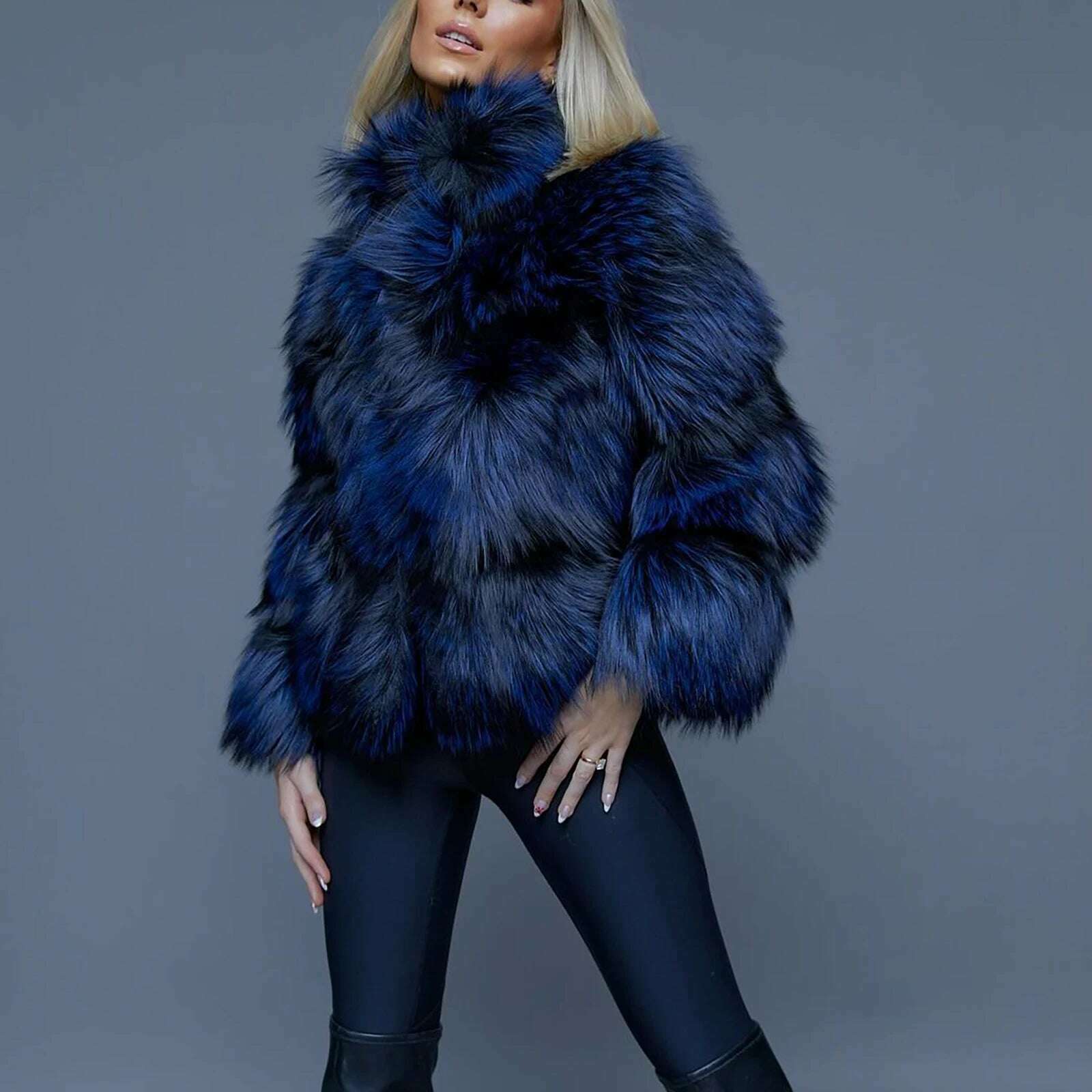 Luxury Women Real Raccoon Dog Fur Jacket Stand Collar Royal Blue Genuine Raccoon Dog Fur Coat Full Pelt Fur Overcoat Woman