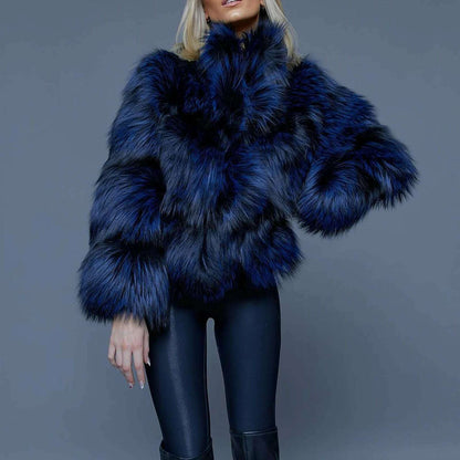 Luxury Women Real Raccoon Dog Fur Jacket Stand Collar Royal Blue Genuine Raccoon Dog Fur Coat Full Pelt Fur Overcoat Woman